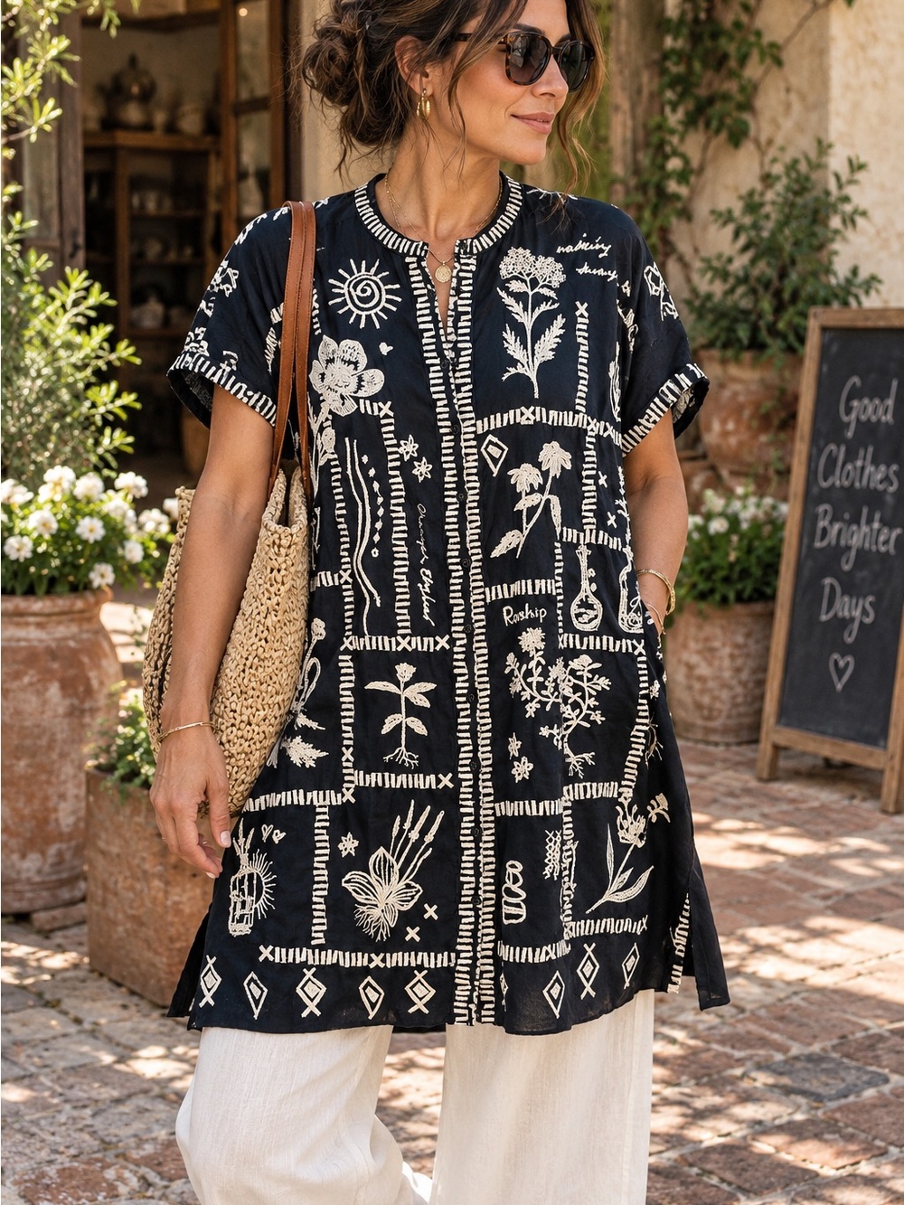 Johnny Was Workshop Embroidered Ramie Tunic Black Boho Top Kimono M NWOT